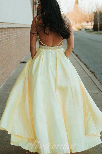 A Line Spaghetti Straps Yellow Prom Dress With Beading JTA1451