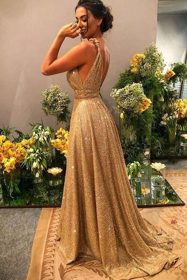V Neck Gold Sequin Formal Gown A Line V Neck Gold Sequin Evening