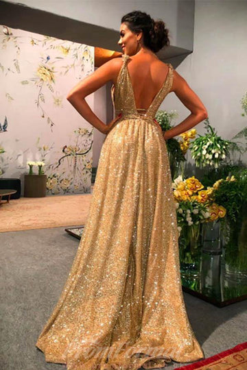 A Line V Neck Gold Sequin Evening Dress JTA1521