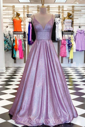 Princess V Neck Spaghetti Straps Purple Evening Dress with Pockets JTA1671