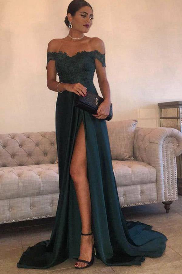 Dark Green Off The Shoulder Split Evening Dress JTA1721 Dark Green Off The Shoulder Split Evening Dress JTA1721