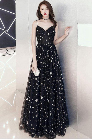 A Line Star Lace Beautiful Long Black Prom Dress JTA1731