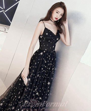A Line Star Lace Beautiful Long Black Prom Dress JTA1731
