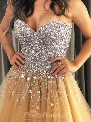 Sweetheart Champagne Tulle Prom Dress  with Beading JTA1791