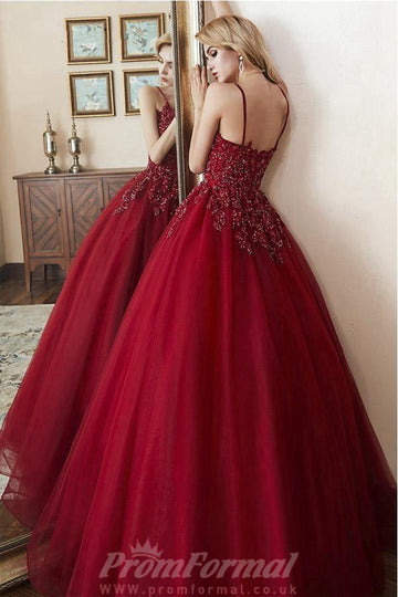Straps Ball Gown Beaded Burgundy Prom Dress JTA1801