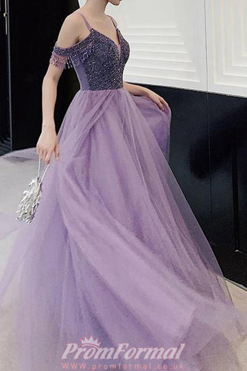 A Line Beaded Lavender Long Party Dress JTA1821