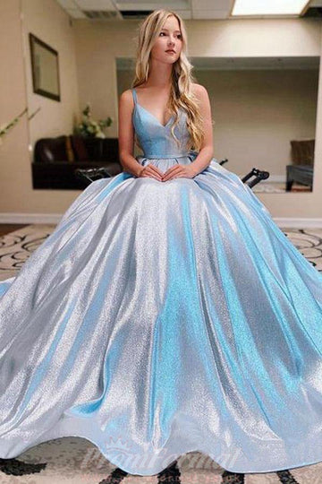 Sky Blue Princess Sparkly V Neck Prom Dress JTA1841