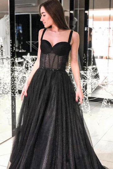 A Line Sweetheart Straps Black Dot Tulle Prom Dress with Beading JTA2061
