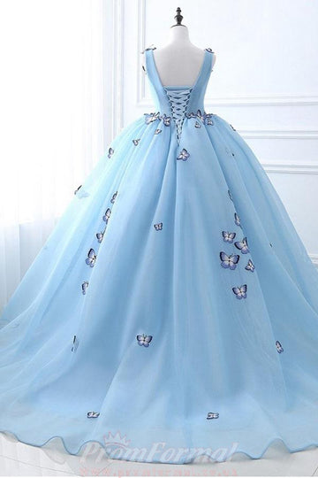 Sky Blue Ball Gown Tulle Prom Dress with Butterflies JTA2231