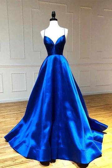 Princess Satin Spaghetti Straps Royal Blue Prom Dress JTA2351
