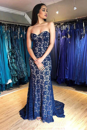 Sweetheart Mermaid Navy Blue Lace Evening Dress JTA2361