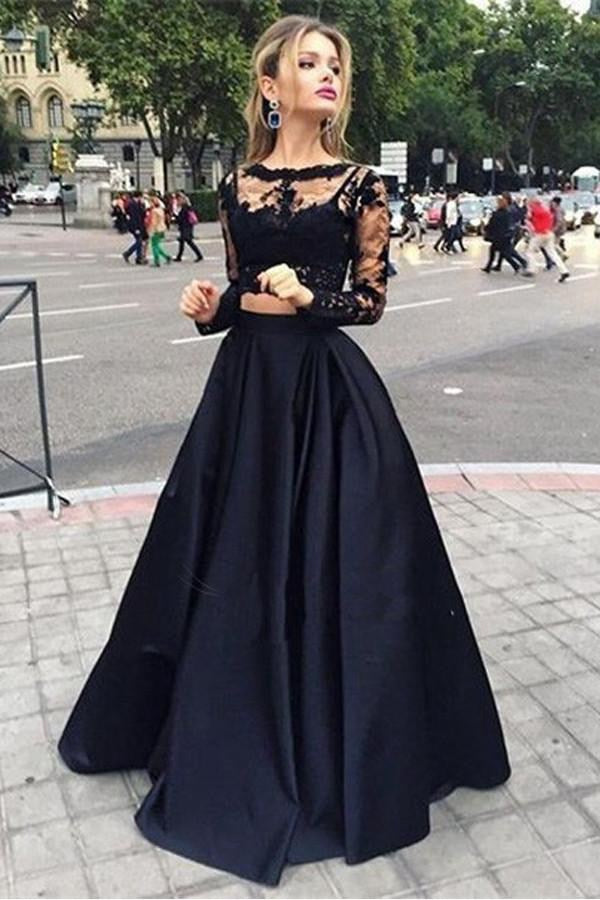 Black Satin Two Piece Long Sleeve Lace Prom Dress JTA3191 Black Satin Two Piece Long Sleeve Lace Prom Dress JTA3191