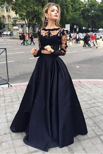 Black Satin Two Piece Long Sleeve Lace Prom Dress JTA3191