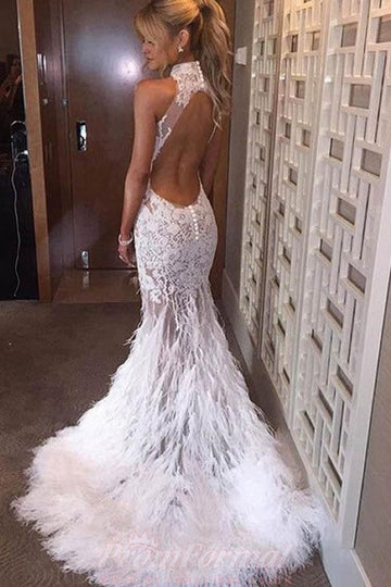 Halter Neck Feather Mermaid Appliques Prom Dress With Court Train JTA3581