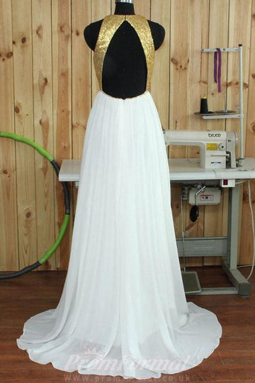 A Line Halter White Prom Dress With Gold Sequins JTA3631