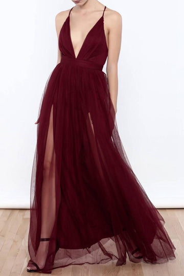 Sexy Deep V Neck Tulle High Slit Burgundy Evening Formal Dress JTA3731