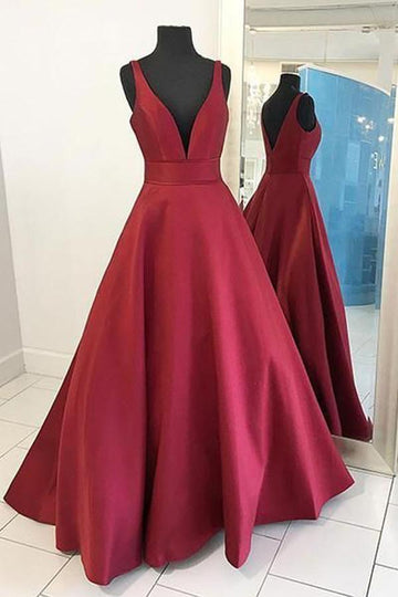 Burgundy V Neck Satin A Line Prom Dress JTA3771