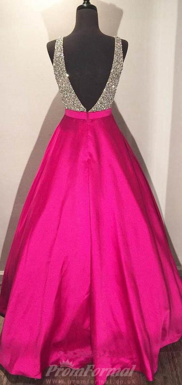 Princess V Neck Hot Fuchsia Satin Prom Dress JTA3791