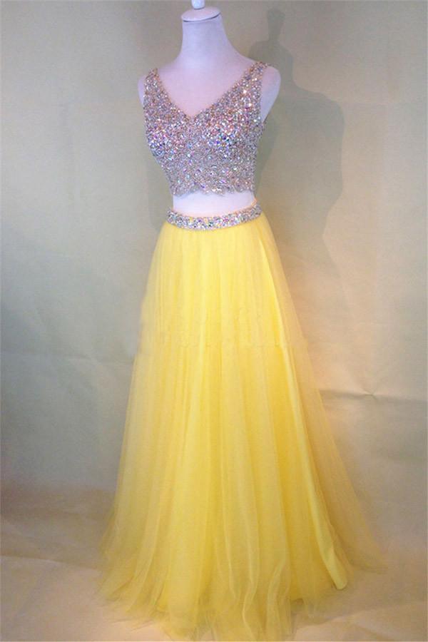 light yellow two piece prom dress Yellow two pieces lace tulle long prom dress, yellow evening dress