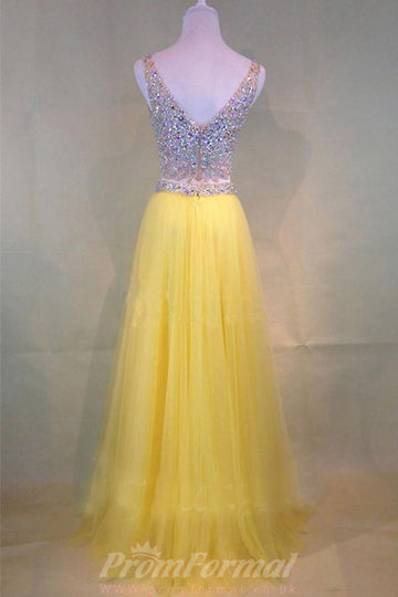 Yellow Two Piece Beaded V Neck Prom Dress JTA3811