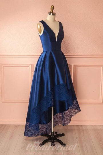 Navy Blue V Neck High Low Satin Prom Dress JTA3841