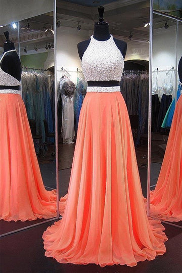 A Line Halter Orange Two Piece Prom Dress JTA3861