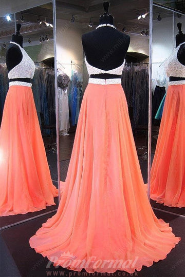 A Line Halter Orange Two Piece Prom Dress JTA3861