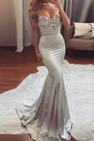 Mermaid Sweetheart Silver Satin Prom Dress with Beading JTA3901