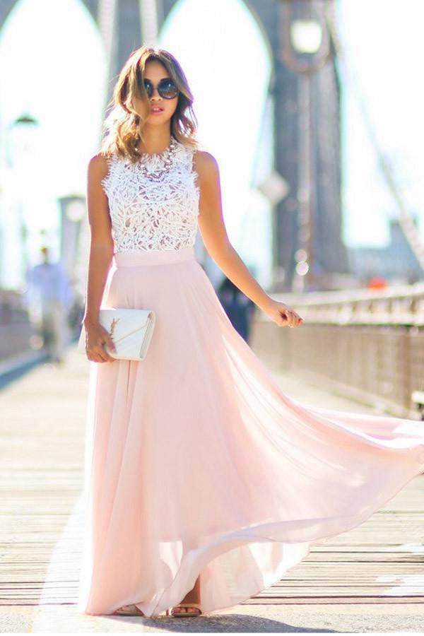 Crew Long Pink Lace Chiffon Prom Dress JTA3911 Crew Long Pink Lace Chiffon Prom Dress JTA3911