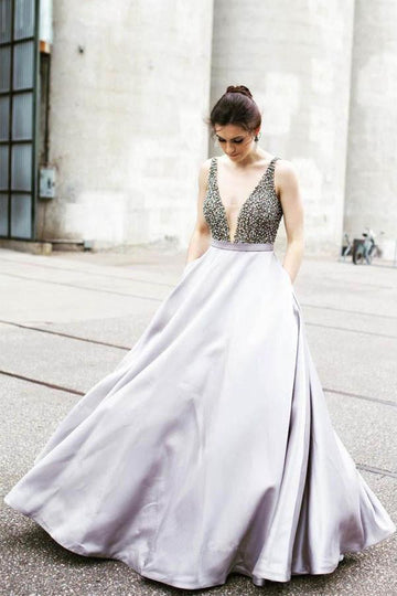 V Neckline A Line Long Satin Prom Dress JTA3961