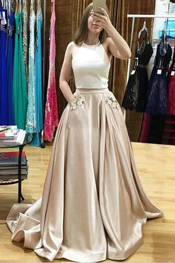 Two Piece Halter Prom Dress with Appliques Pockets JTA4081