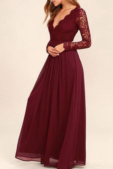 V Neck Long Sleeve Dark Burgundy Lace Chiffon Formal Dress JTA4091