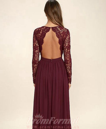 V Neck Long Sleeve Dark Burgundy Lace Chiffon Formal Dress JTA4091
