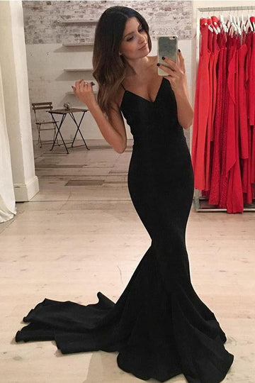 Mermaid Spaghetti Straps Black Satin Sexy Evening Dress JTA4151