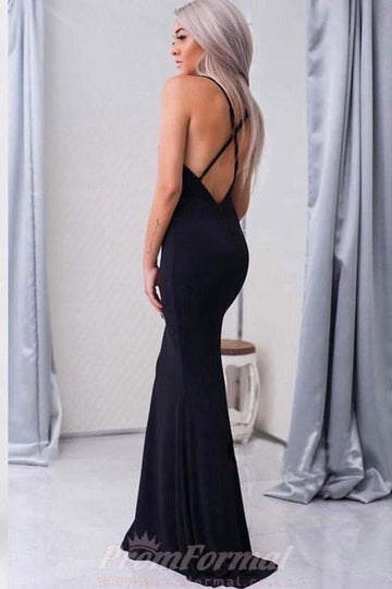 Mermaid Spaghetti Straps Black Satin Sexy Evening Dress JTA4151