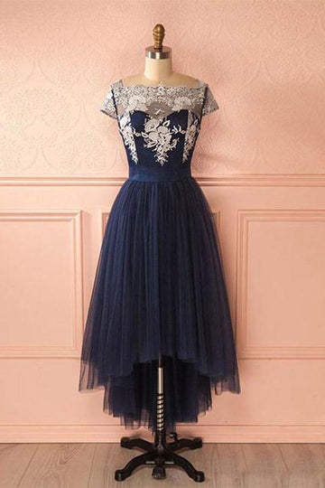 Navy Blue Tulle Lace High Low Prom Formal Dress JTA4211