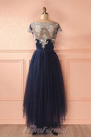 Navy Blue Tulle Lace High Low Prom Formal Dress JTA4211
