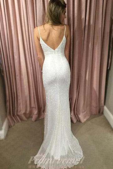 Ivory White Sheath Spaghetti Straps White Sequined Evening Party Dress JTA4251