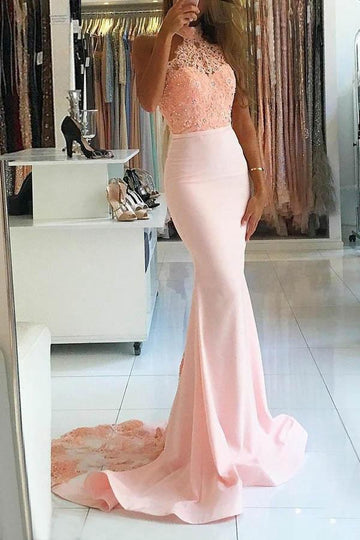 Mermaid Halter Pink Satin Prom Dress with Beading Lace JTA4261
