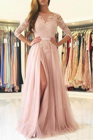 Pink Half Sleeve Split Lace Prom Dress JTA4291