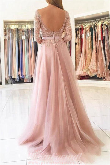 Pink Half Sleeve Split Lace Prom Dress JTA4291