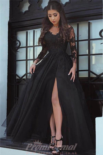 A Line Slit Lace Black Long Sleeve Prom Dress JTA4311