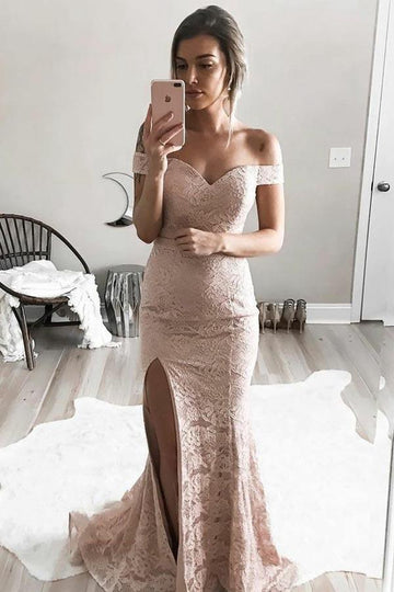 Mermaid Off The Shoulder Split-Side Pink Lace Prom Dress JTA4341