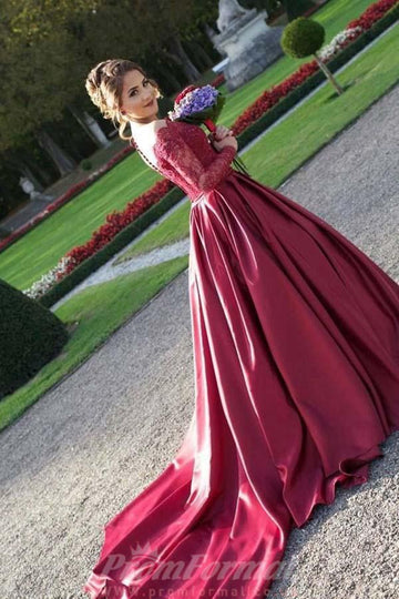 Princess Off The Shoulder Long Sleeves Burgundy Satin Prom Dress JTA4411