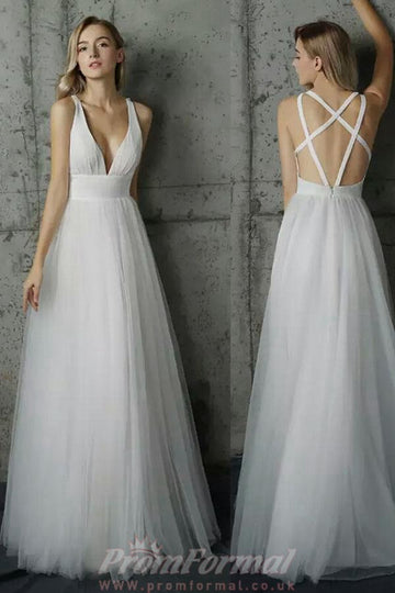 V Neck White Tulle Long Prom Dress JTA4441
