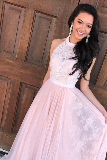 A Line Halter Pink Tulle Prom Dress with Sash Lace JTA4491