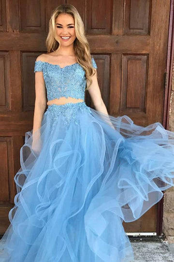 Two Piece Off The Shoulder Sky Blue Prom Dress with Appliques JTA4511