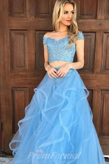 Two Piece Off The Shoulder Sky Blue Prom Dress with Appliques JTA4511