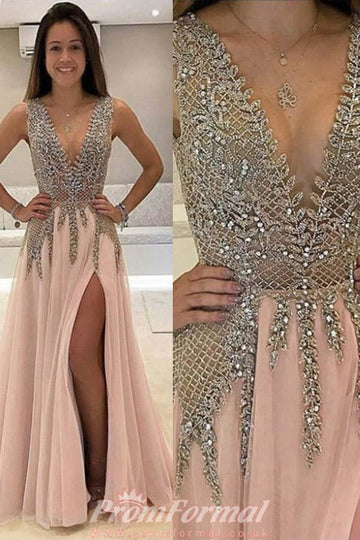 Pink Slit V Neck Tulle Prom Dress with Beading JTA4531