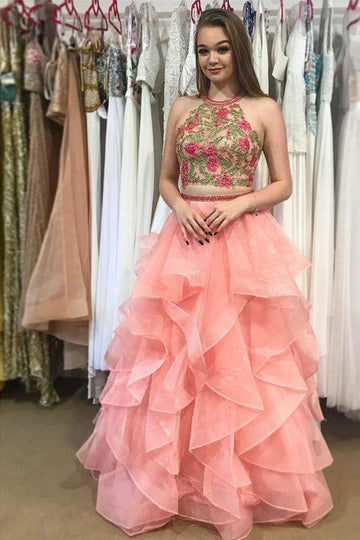 Two Piece Pink Open Back Prom Dress with Appliques JTA4541